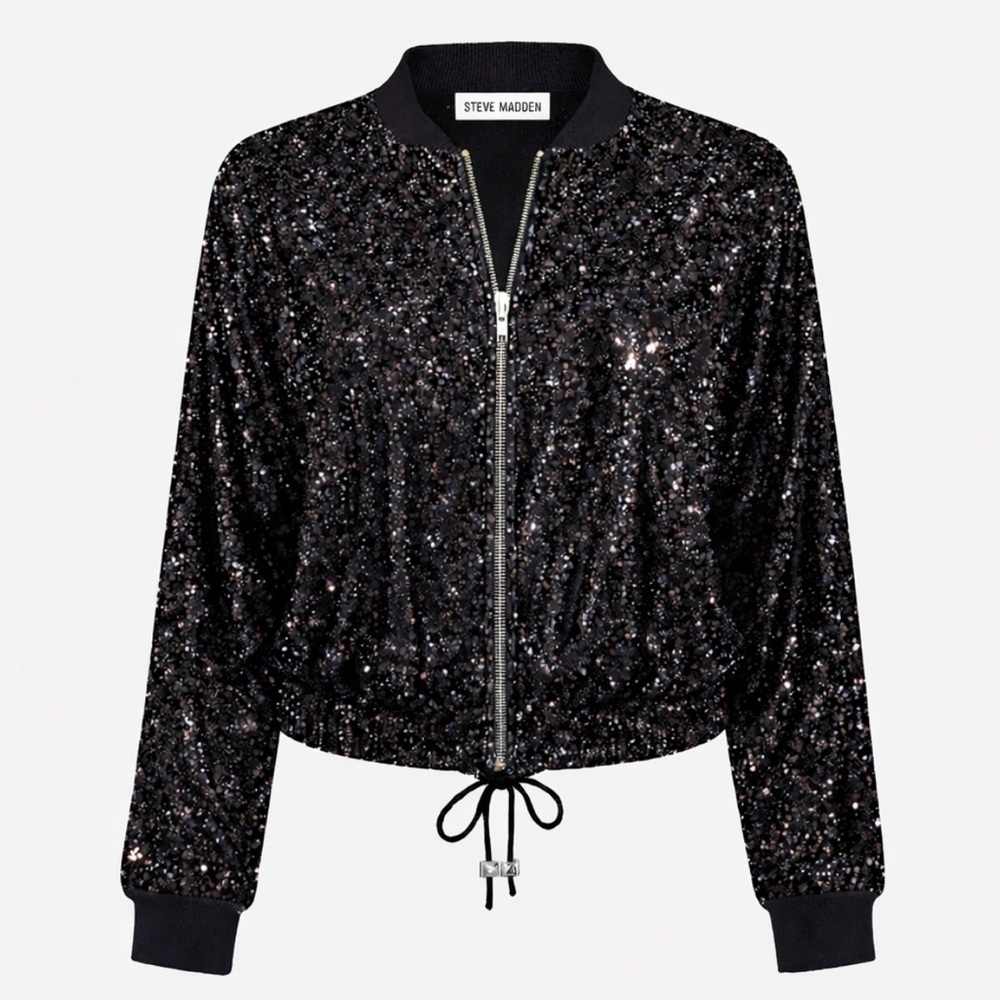 Steve Madden Black Sequin Bomber Jacket Oversized Light Zip Drawstring Large